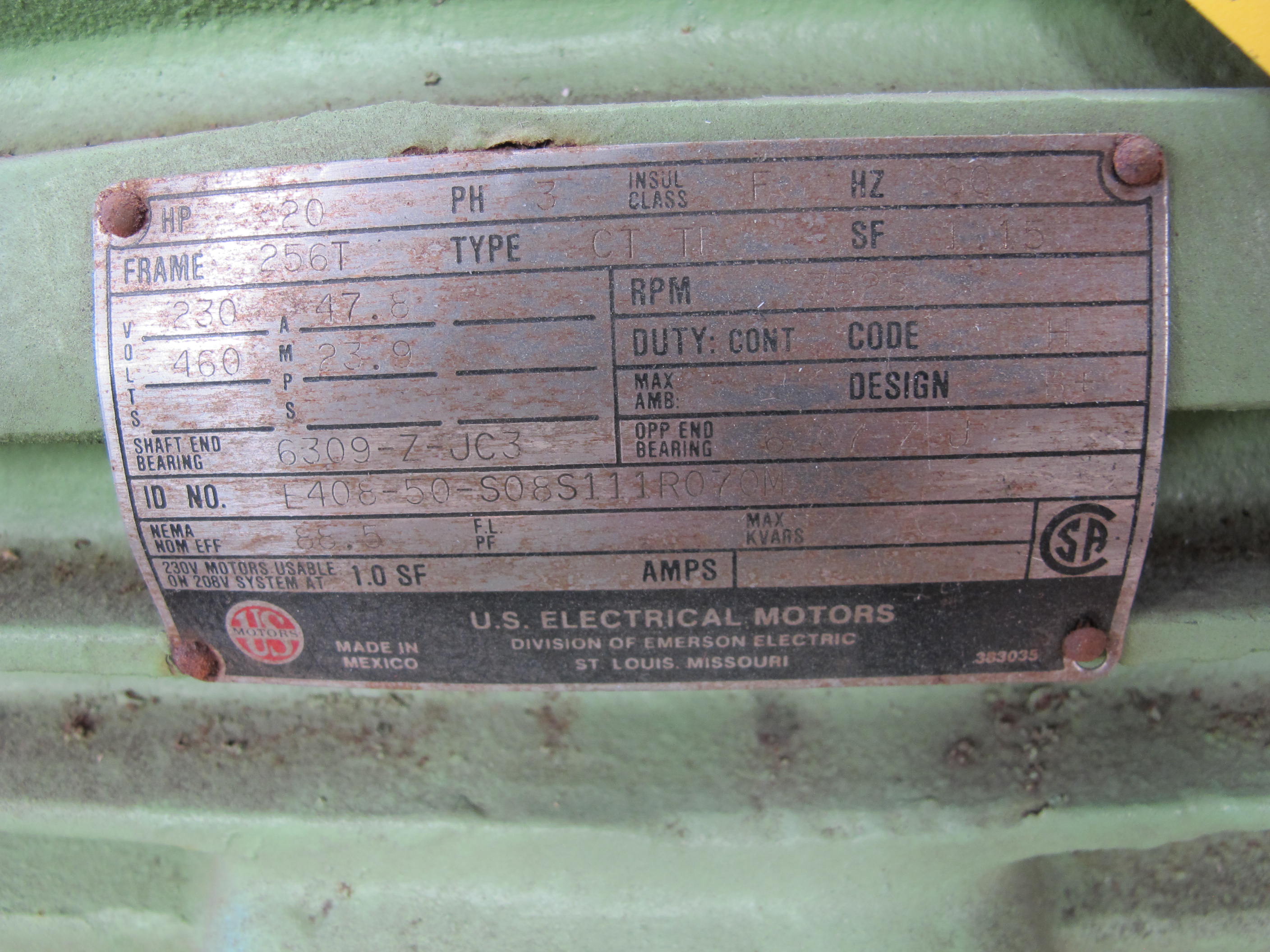 MOTOR, ELECTRIC TYPE, 20 HORSEPOWER, 460 VAC ELEC RATING, 3600 RPM, 256T FRAME, 24.9 AMPS, TEFC ENCLOSURE, 1.0 SERVICE FACTOR. HORIZONTAL, NEMA DESIGN TYPE B, INSULATION CLASS B, 80 DEGREE C MAX TEMP RISE OVER 40 DEGREE C AMBIENT (W-44) LOADING & HANDLING FEE $15-